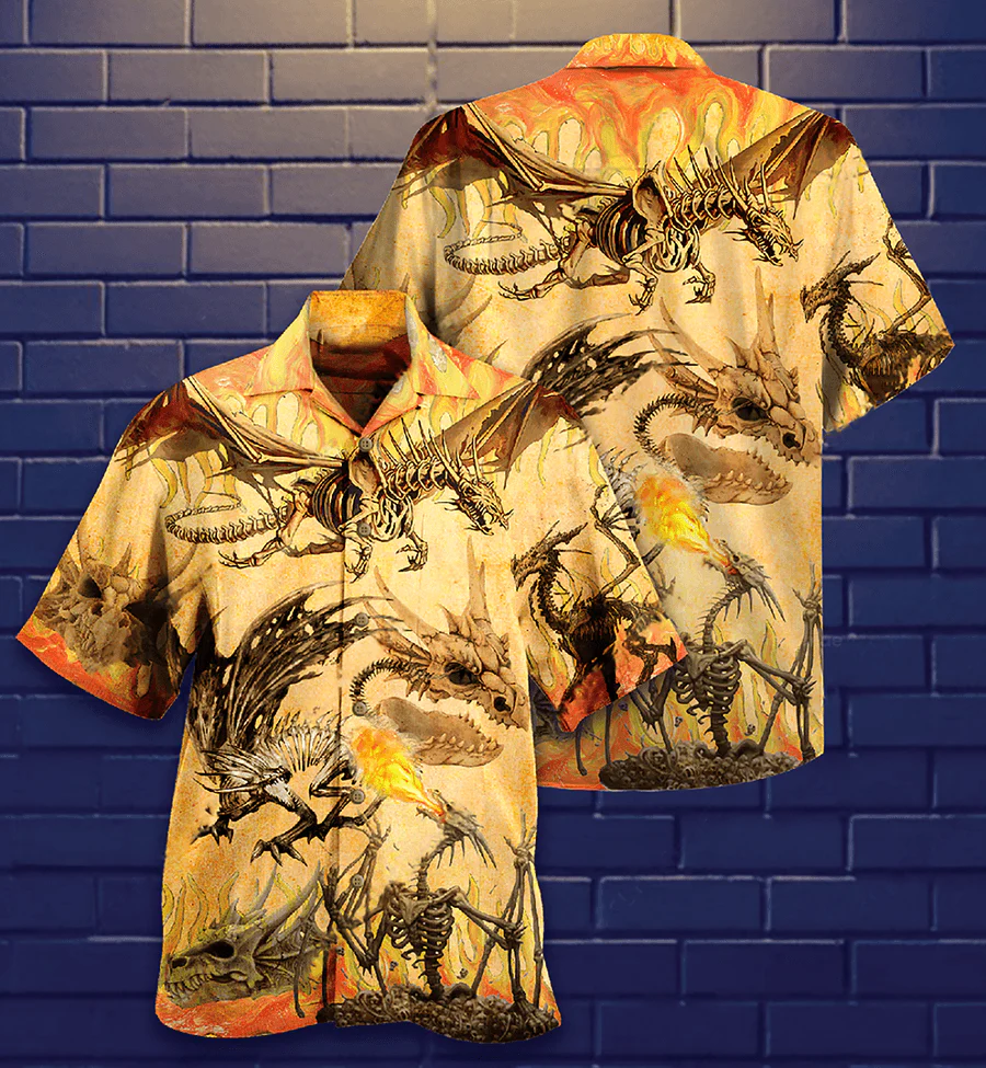 Dragon Skeleton Aloha Hawaiian Shirt For Summer, Dragon Skull Fighting On Desert Hawaiian Shirts Outfit For Men Women, Dragon Lovers - Image 2