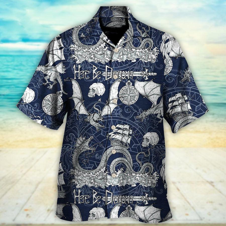 Dragon With Skull Old Ship Sea Life Aloha Hawaiian Shirt For Summer, Here Be Dragons Hawaiian Shirts Outfit For Men Women, Dragon Lovers