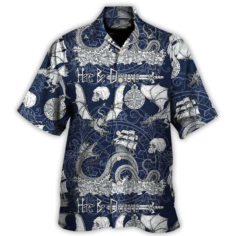 Dragon With Skull Old Ship Sea Life Aloha Hawaiian Shirt For Summer, Here Be Dragons Hawaiian Shirts Outfit For Men Women, Dragon Lovers - Image 3