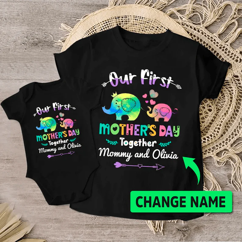 Elephant Baby Onesies, Personalized Matching T-Shirt & Baby Onesie Our First Mother'S Day Custom Name, Newborn Onesies - Perfect Gift For Baby, Baby Gift Onesie