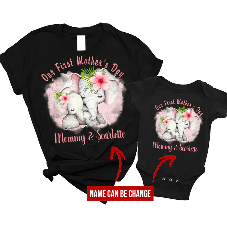 Elephant Baby Onesies, Personalized Matching T-Shirt & Baby Onesie Our First Mother's Day Custom Name, Newborn Onesies - Perfect Gift For Baby, Baby Gift Onesie