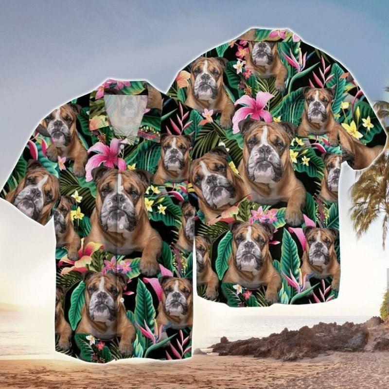 English Bulldog Aloha Hawaiian Shirt - English Bulldog Flower Pattern Hawaiian Shirt, Tropical Leaf Hawaiian Shirt For Men & Women, Dog Lover