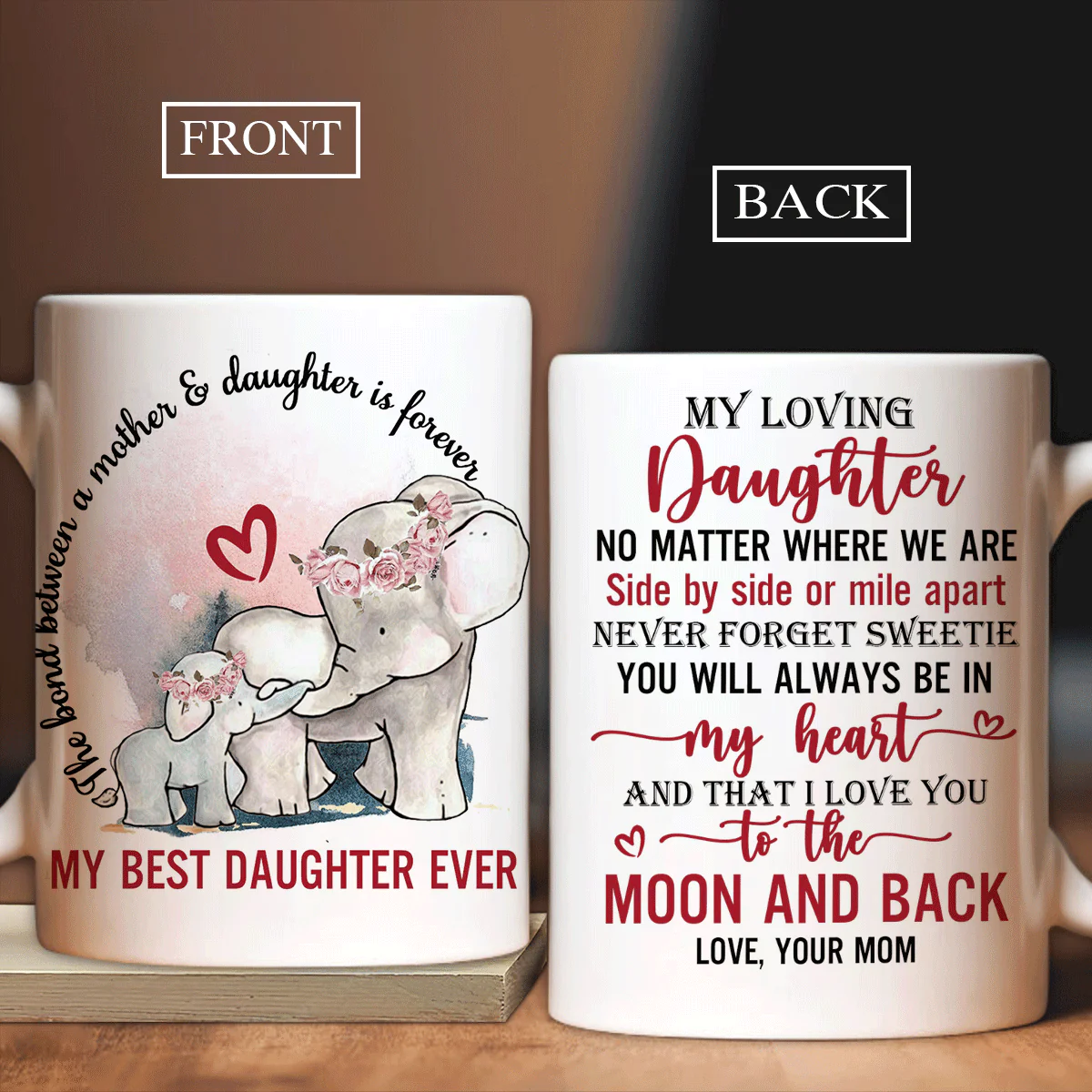 Family AOP Mug, Daughter And Mom Mug - Gifts For Daughter From Mom - Mom To Daughter, Elephant Painting, I Love You To The Moon And Back Mug
