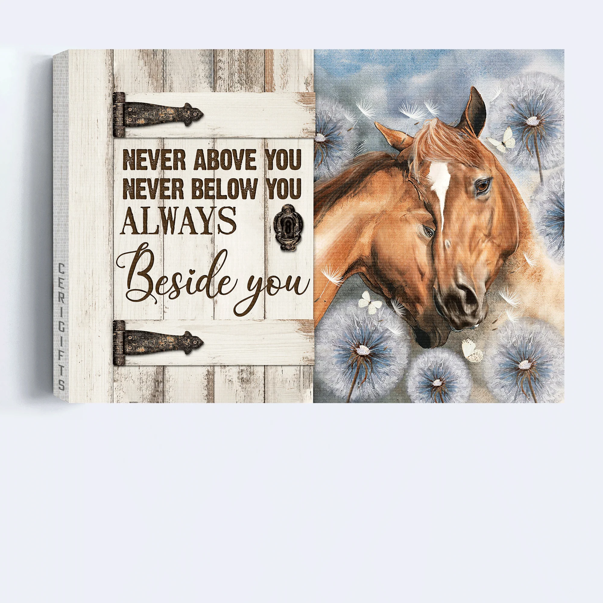 Family Premium Wrapped Landscape Canvas - Beautiful horse drawing, Dandelion Field, Couple Horse, Always Beside You - Gift For Members Family, Couple