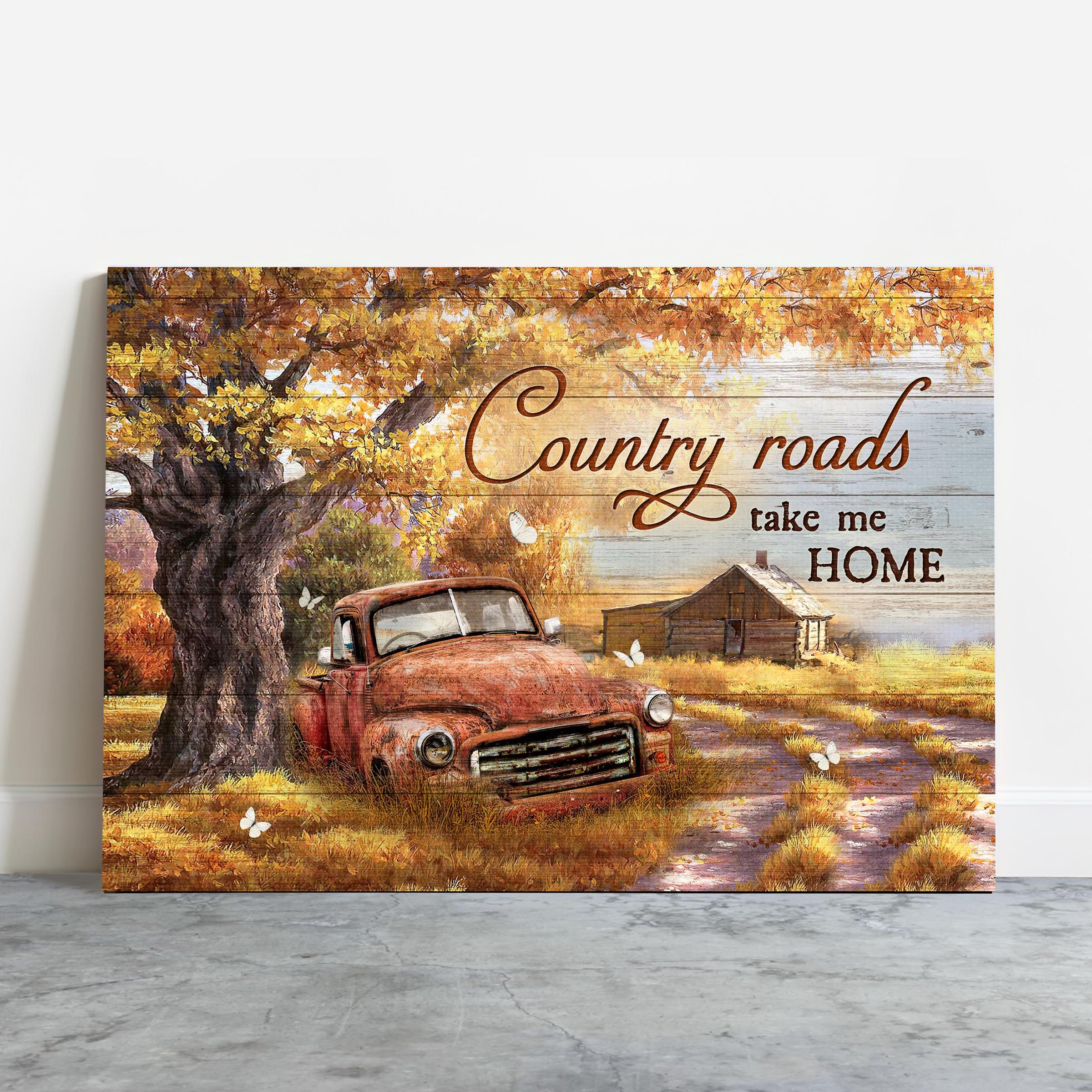 Family Premium Wrapped Landscape Canvas - Gorgeous Autumn Season, White Butterfly, Old Red Truck, Country Roads Take Me Home - Gift For Members Family - Image 2