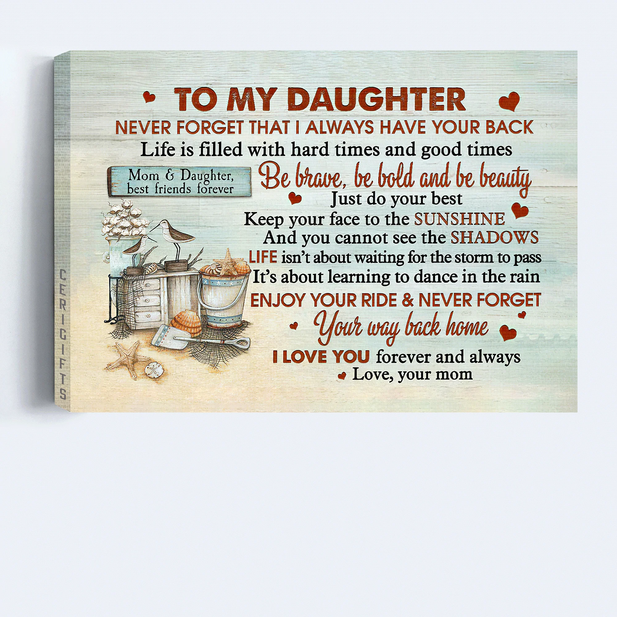 Family Premium Wrapped Landscape Canvas - Mom To Daughter, Basket Of Seashell, Be Brave, Be Bold, Be Beauty - Perfect Gift For Daughter