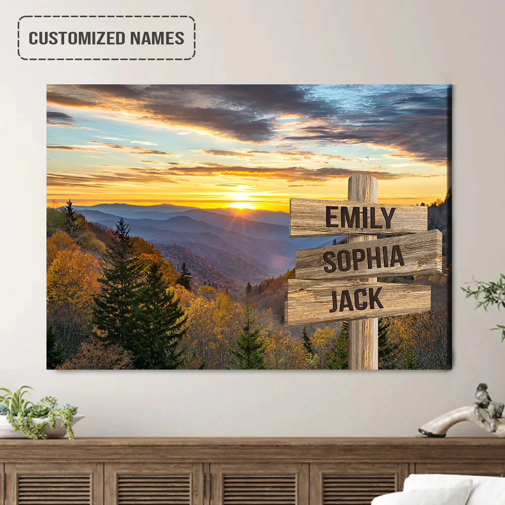 Family Street Sign Wall Art Customized Multi-Names, Sunrise At The Great Smoky Mountains Landscape Canvas Home Decor - Image 2