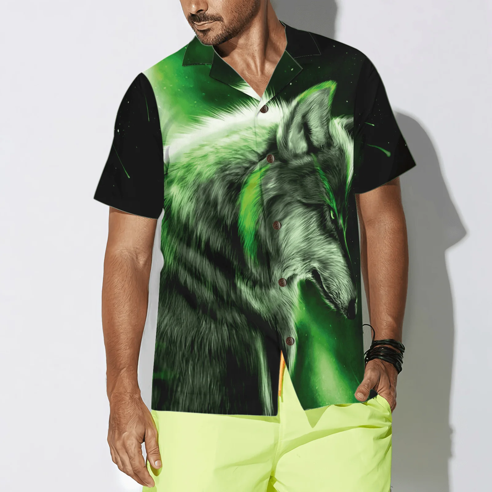 Fantasy Green Wolf Hawaiian Shirt - Wolf And Sky Night , Perfect Gift For Wolf Lovers, Husband, Boyfriend, Friend, Family - Image 2