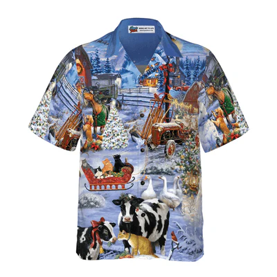 Farmer Hawaiian Shirt, Beautiful Farm On Christmas Aloha Shirt For Men - Perfect Gift For Farmer, Farm Lover, Husband, Boyfriend, Friend, Family - Image 2