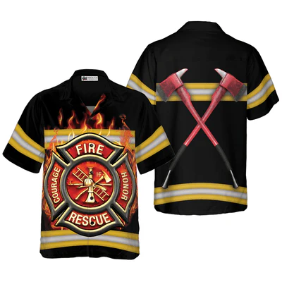 Firefighter Hawaiian Shirt, Courage And Honor Fire Dept Badge Aloha Shirt For Men - Perfect Gift For Firefighter, Husband, Boyfriend, Friend, Family