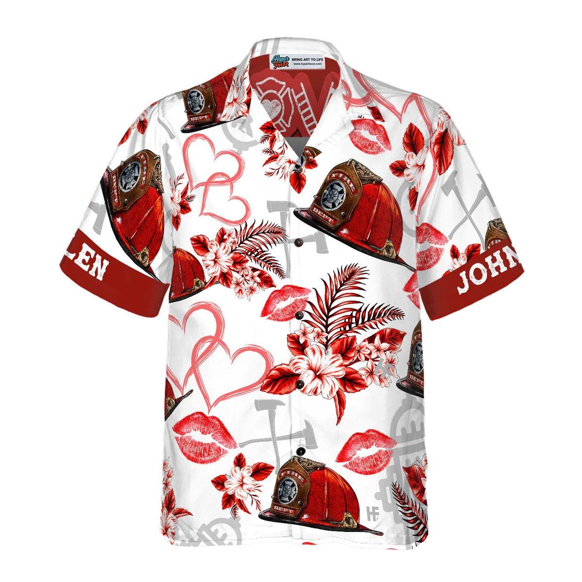 Firefighter Hawaiian Shirt Custom - Love Firefighter Helmet Valentine Personalized Heart Red Floral Firefighter Hawaiian Shirt - Gift For Lover, Friend, Family