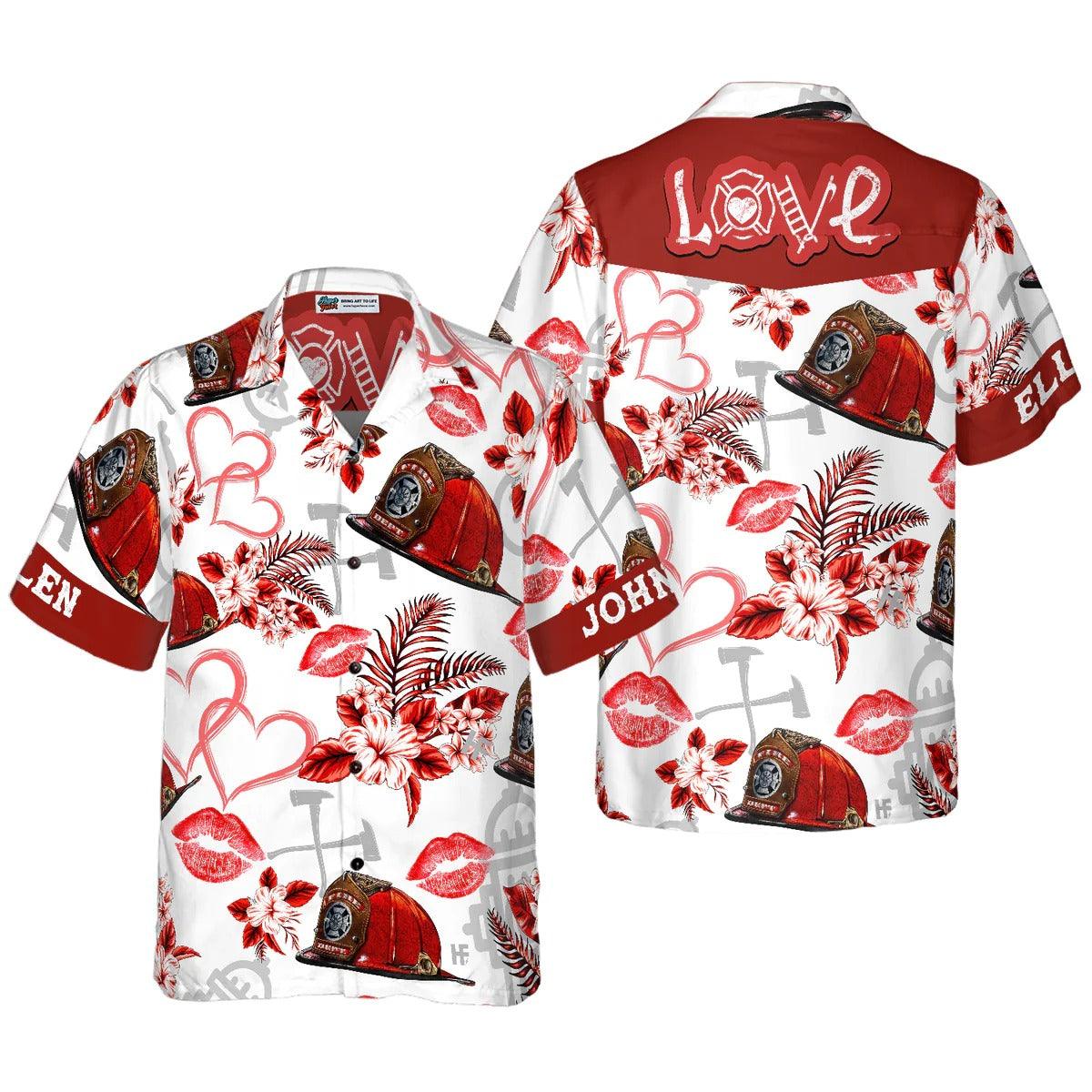 Firefighter Hawaiian Shirt Custom - Love Firefighter Helmet Valentine Personalized Heart Red Floral Firefighter Hawaiian Shirt - Gift For Lover, Friend, Family - Image 3