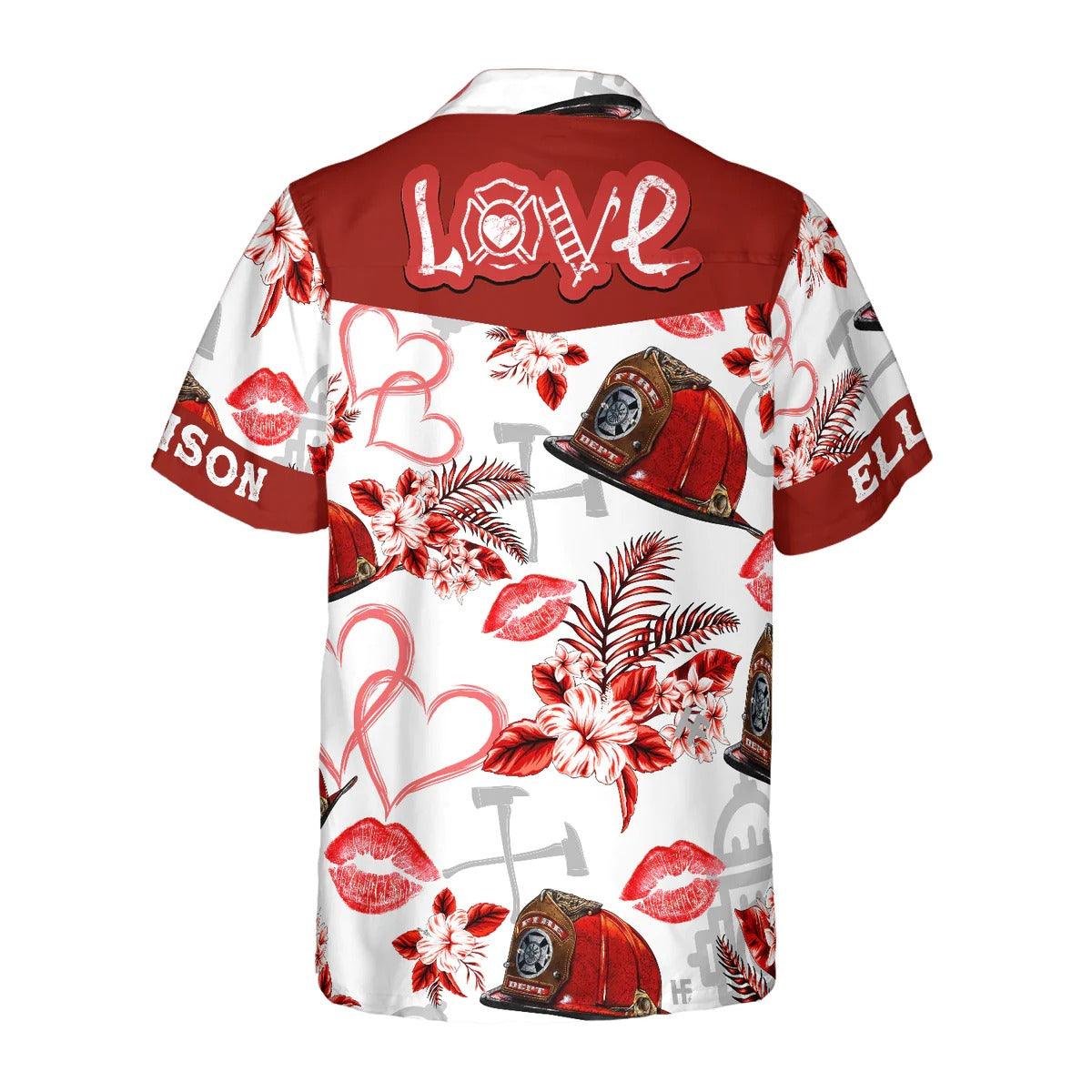 Firefighter Hawaiian Shirt Custom - Love Firefighter Helmet Valentine Personalized Heart Red Floral Firefighter Hawaiian Shirt - Gift For Lover, Friend, Family - Image 4