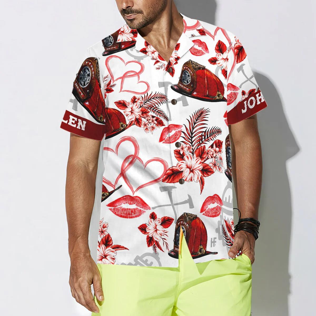 Firefighter Hawaiian Shirt Custom - Love Firefighter Helmet Valentine Personalized Heart Red Floral Firefighter Hawaiian Shirt - Gift For Lover, Friend, Family - Image 5