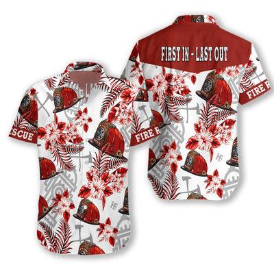 Firefighter Hawaiian Shirt, First In Last Out Helmet, Red Texas Bluebonnet Aloha Shirt For Men - Gift For Firefighter, Friends, Family