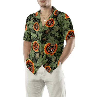 Firefighter Hawaiian Shirt, Floral And Leaves Fire Dept Logo Firefighter Aloha Shirt For Men - Gift For Firefighter, Husband, Boyfriend, Family, Friends - Image 5