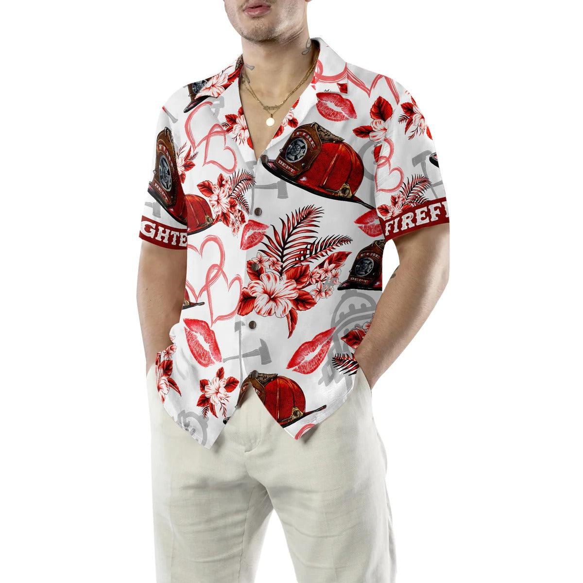 Firefighter Hawaiian Shirt, Love Firefighter Helmet Valentine Aloha Shirt, Pink Heart Red Floral Firefighter Hawaiian Shirt - Gift For Lover, Friend, Family - Image 2
