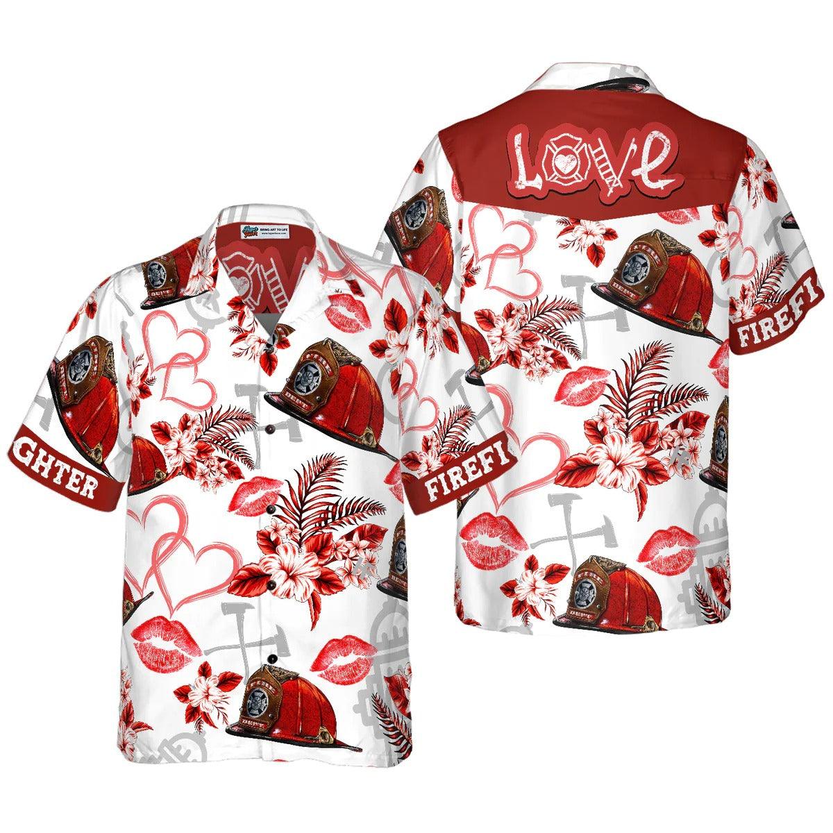 Firefighter Hawaiian Shirt, Love Firefighter Helmet Valentine Aloha Shirt, Pink Heart Red Floral Firefighter Hawaiian Shirt - Gift For Lover, Friend, Family - Image 3