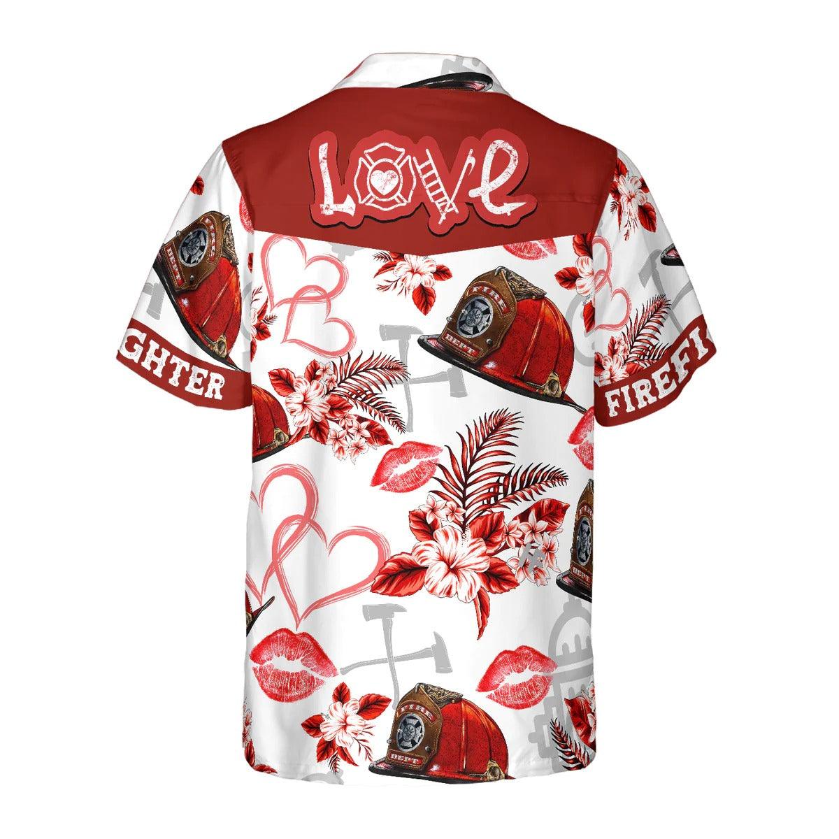Firefighter Hawaiian Shirt, Love Firefighter Helmet Valentine Aloha Shirt, Pink Heart Red Floral Firefighter Hawaiian Shirt - Gift For Lover, Friend, Family - Image 4