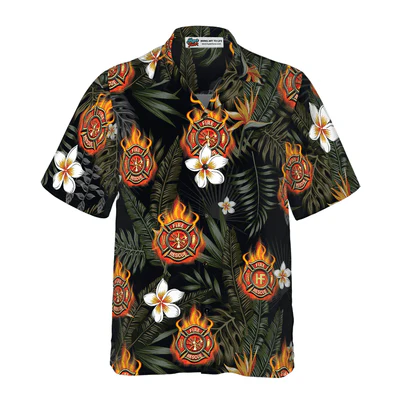 Firefighter Hawaiian Shirt, Tropical Leaves Firefighter Logo On Flame Aloha Shirt For Men - Gift For Firefighter, Husband, Boyfriend, Family, Friends - Image 2