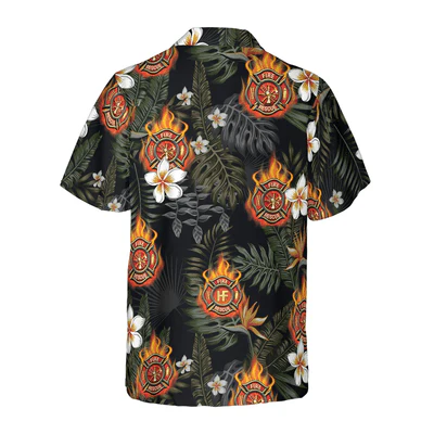 Firefighter Hawaiian Shirt, Tropical Leaves Firefighter Logo On Flame Aloha Shirt For Men - Gift For Firefighter, Husband, Boyfriend, Family, Friends - Image 3