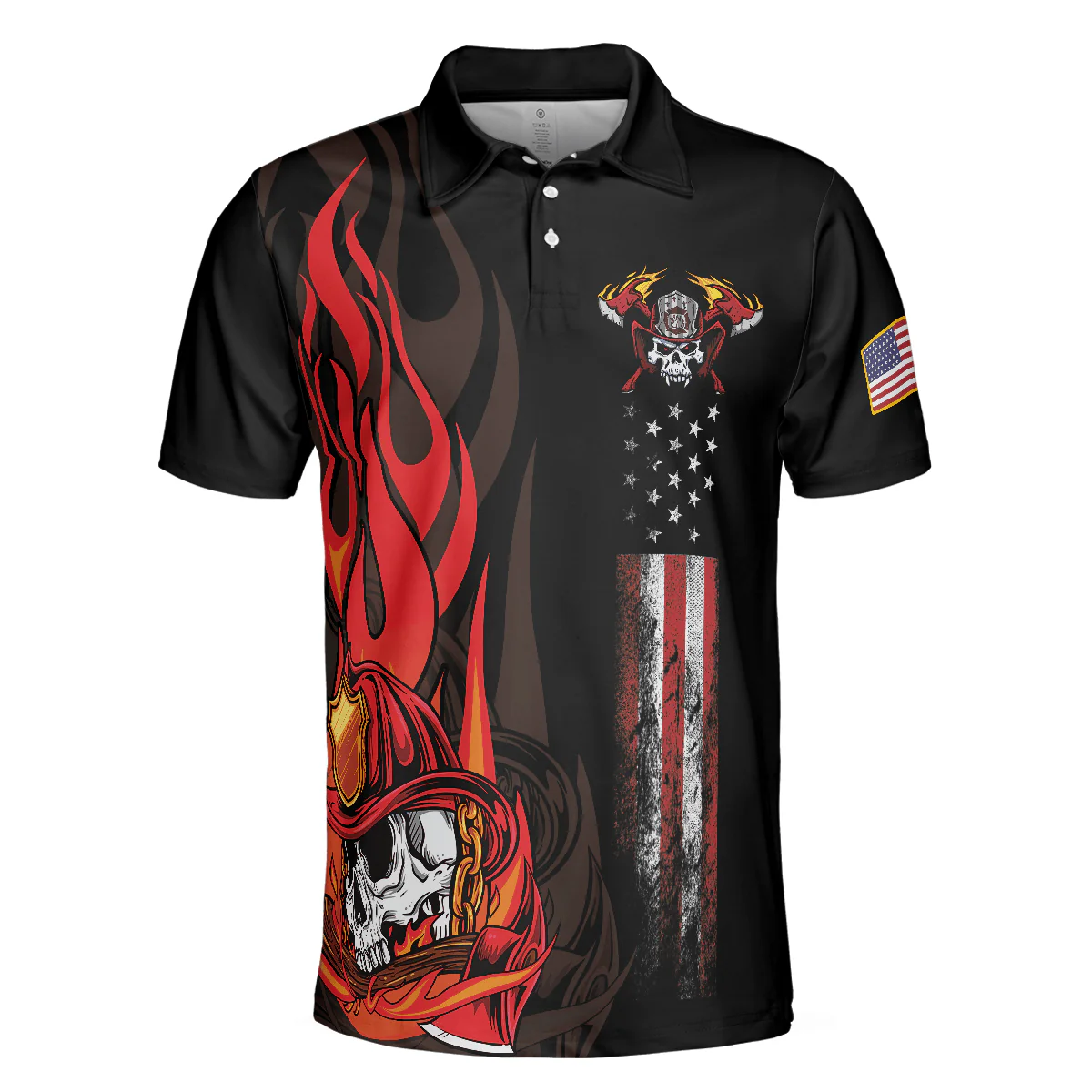 Firefighter Skull Flame Short Sleeve Men Polo Shirt, Black American Flag Firefighter Shirt For Men, Gift For Firefighter - Image 3