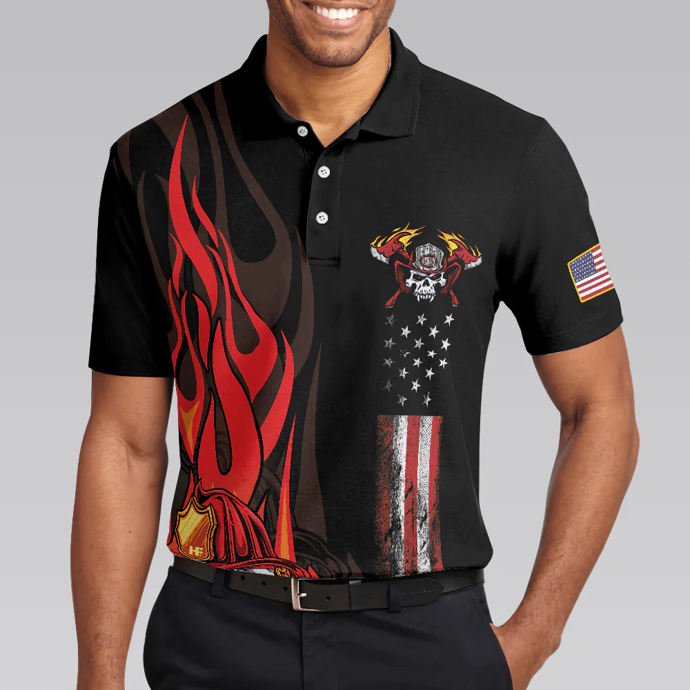 Firefighter Skull Flame Short Sleeve Men Polo Shirt, First In Last Out American Flag Firefighter Shirt For Men, Gift For Firefighter - Image 4