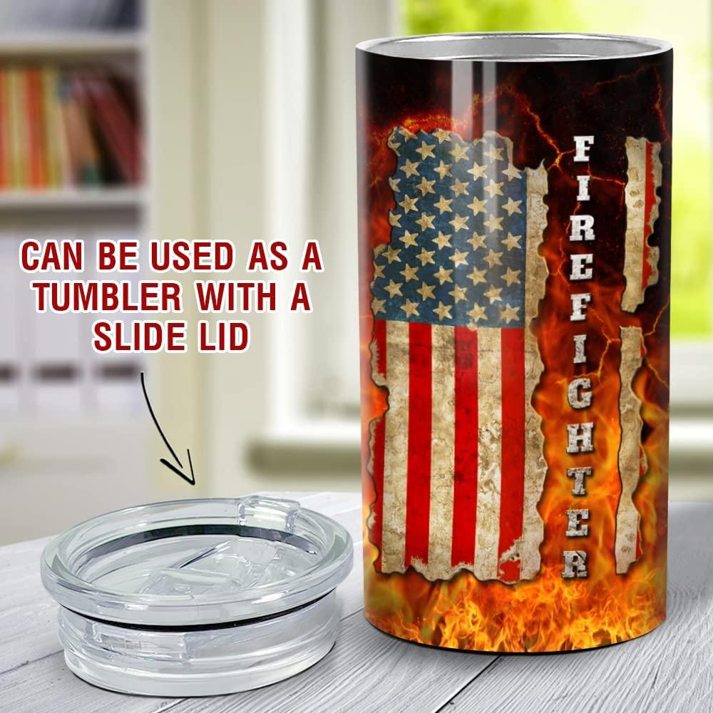 Firefighter US Independence Day Can Cooler Tumbler, Fireman Fire American Flag Cooler Tumbler, 4th Of July Gifts For Men Women, Veteran Day, Patriot - Image 3