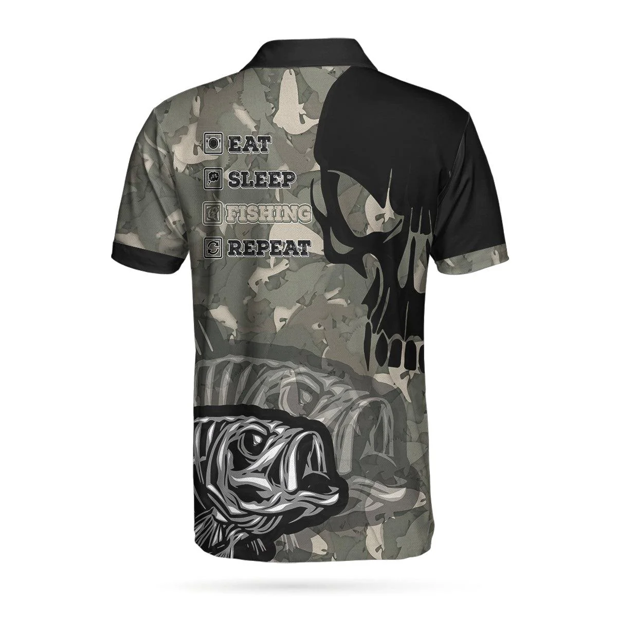 Fish Reaper Men Polo Shirt, Eat Sleep Fishing Repeat Skull Camouflage Polo Shirt, Camo Fishing Shirt For Men - Image 2