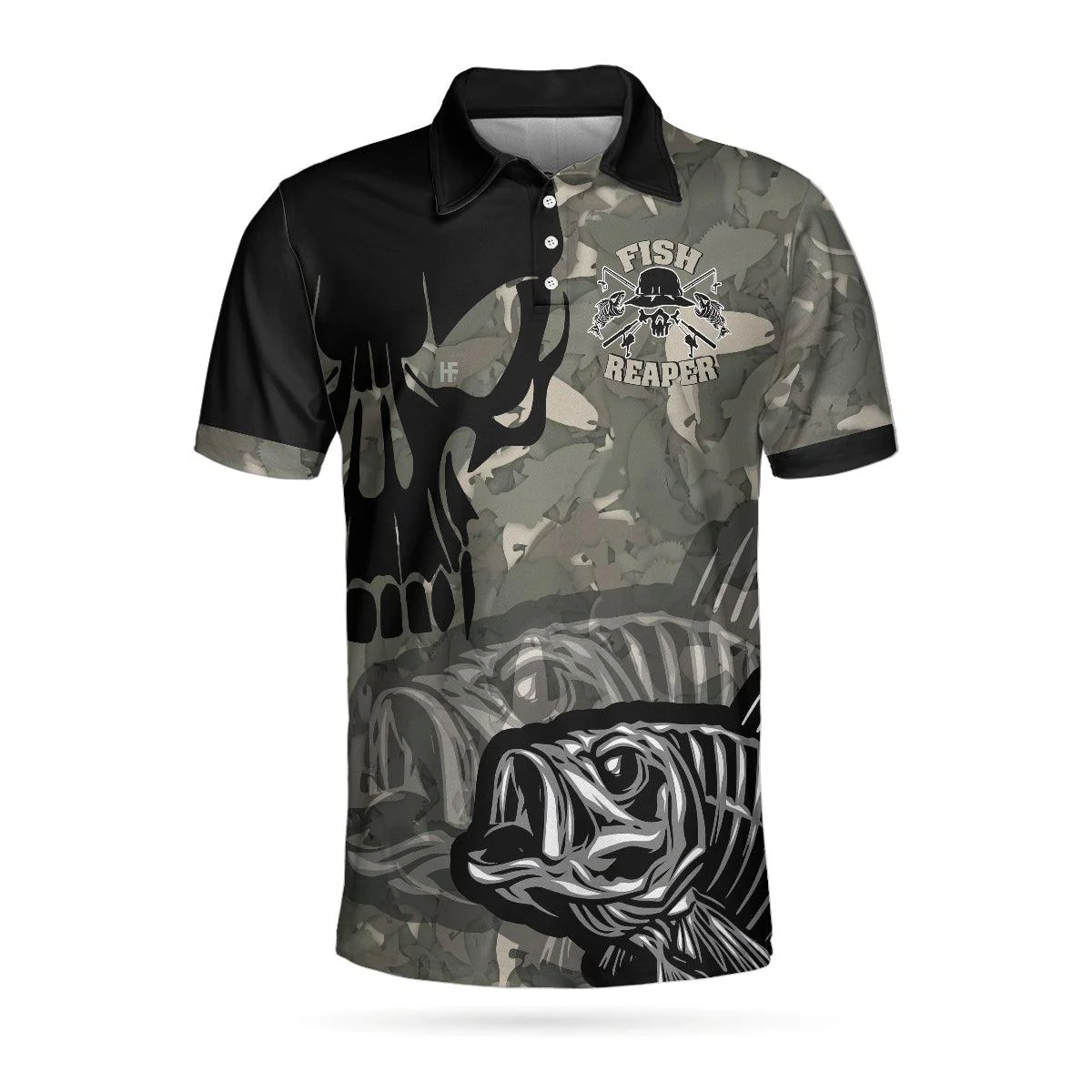 Fish Reaper Men Polo Shirt, Eat Sleep Fishing Repeat Skull Camouflage Polo Shirt, Camo Fishing Shirt For Men - Image 3