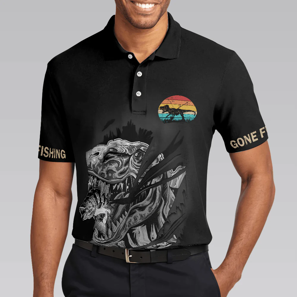 Fishsaurus Rex Gone Fishing Men Polo Shirt, I'm Not Anti-Social Polo Shirt, Best Fishing Shirt For Men, Gift For Fishing Lovers - Image 4