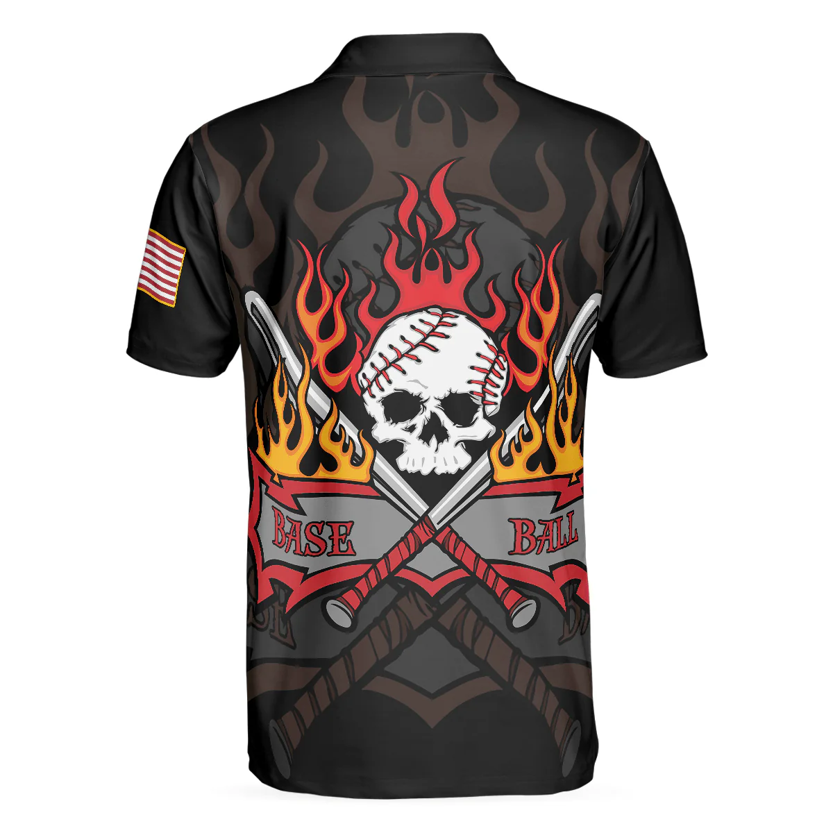 Flame Baseball Skull Men Polo Shirt, Baseball American Flag Polo Shirt, Best Baseball Shirt For Men, Gift For Baseball Lovers - Image 2