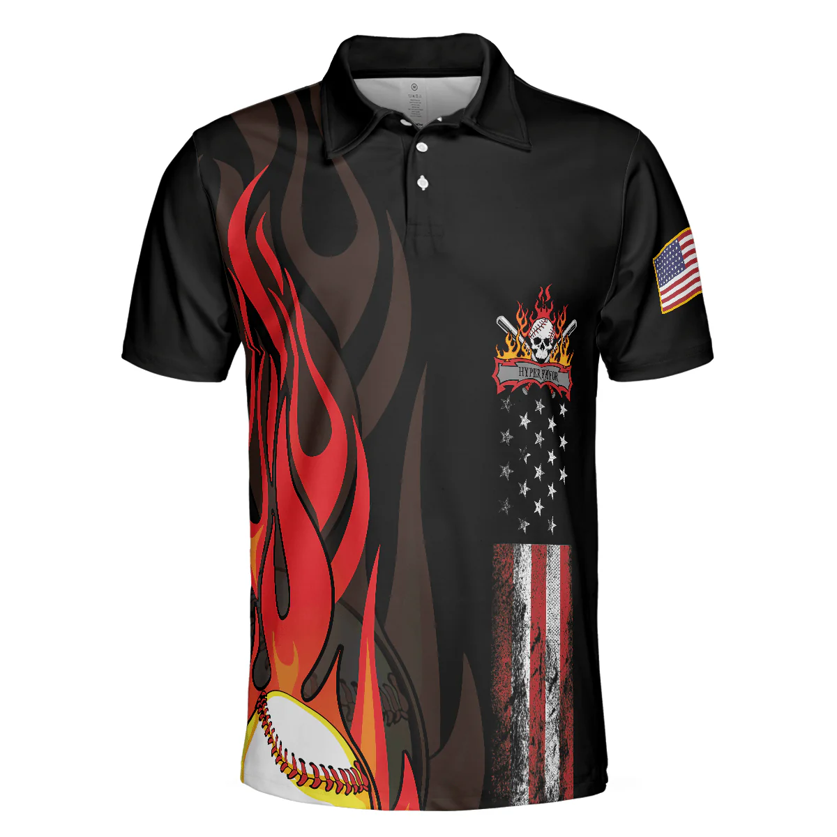 Flame Baseball Skull Men Polo Shirt, Baseball American Flag Polo Shirt, Best Baseball Shirt For Men, Gift For Baseball Lovers - Image 3