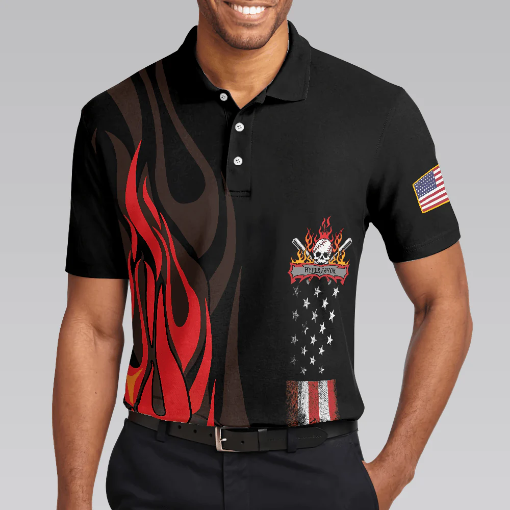 Flame Baseball Skull Men Polo Shirt, Baseball American Flag Polo Shirt, Best Baseball Shirt For Men, Gift For Baseball Lovers - Image 4