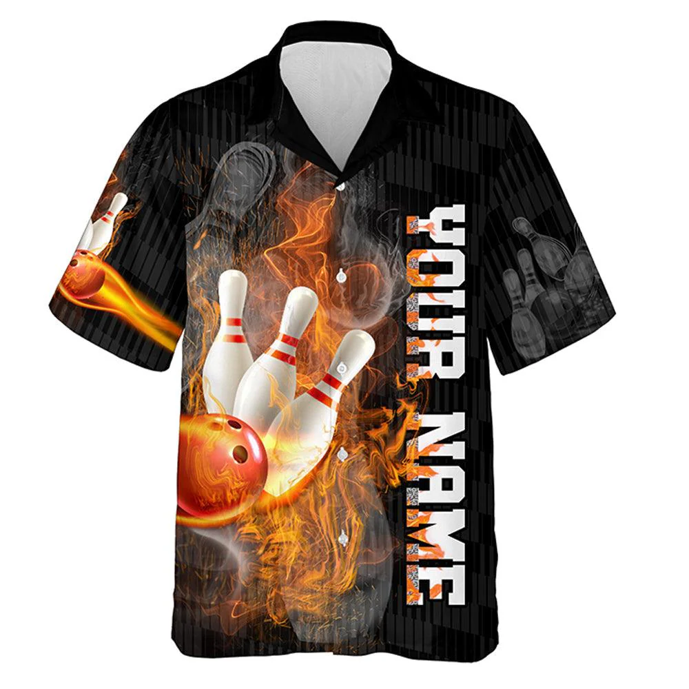 Flame Bowling Custom Name Hawaiian Shirt, Shut Up and Bowl Funny Skull Bowling Personalized Hawaiian Shirts For Men Women, Bowling Lovers, Bowlers - Image 2