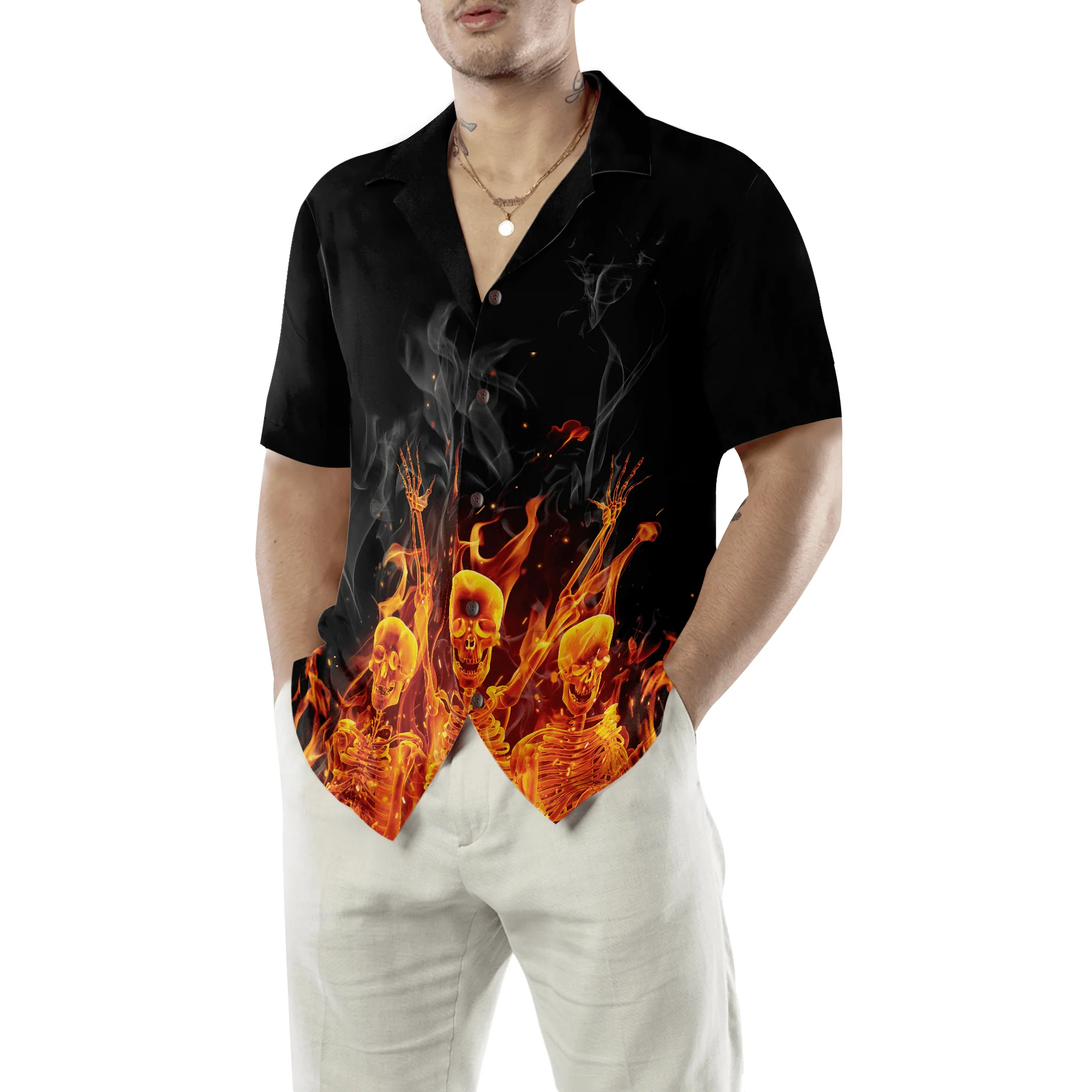 Flame Fire Skeletons Night Party Aloha Hawaiian Shirt For Summer, Colorful Shirt For Men Women, Perfect Gift For Friend, Team, Family - Image 5