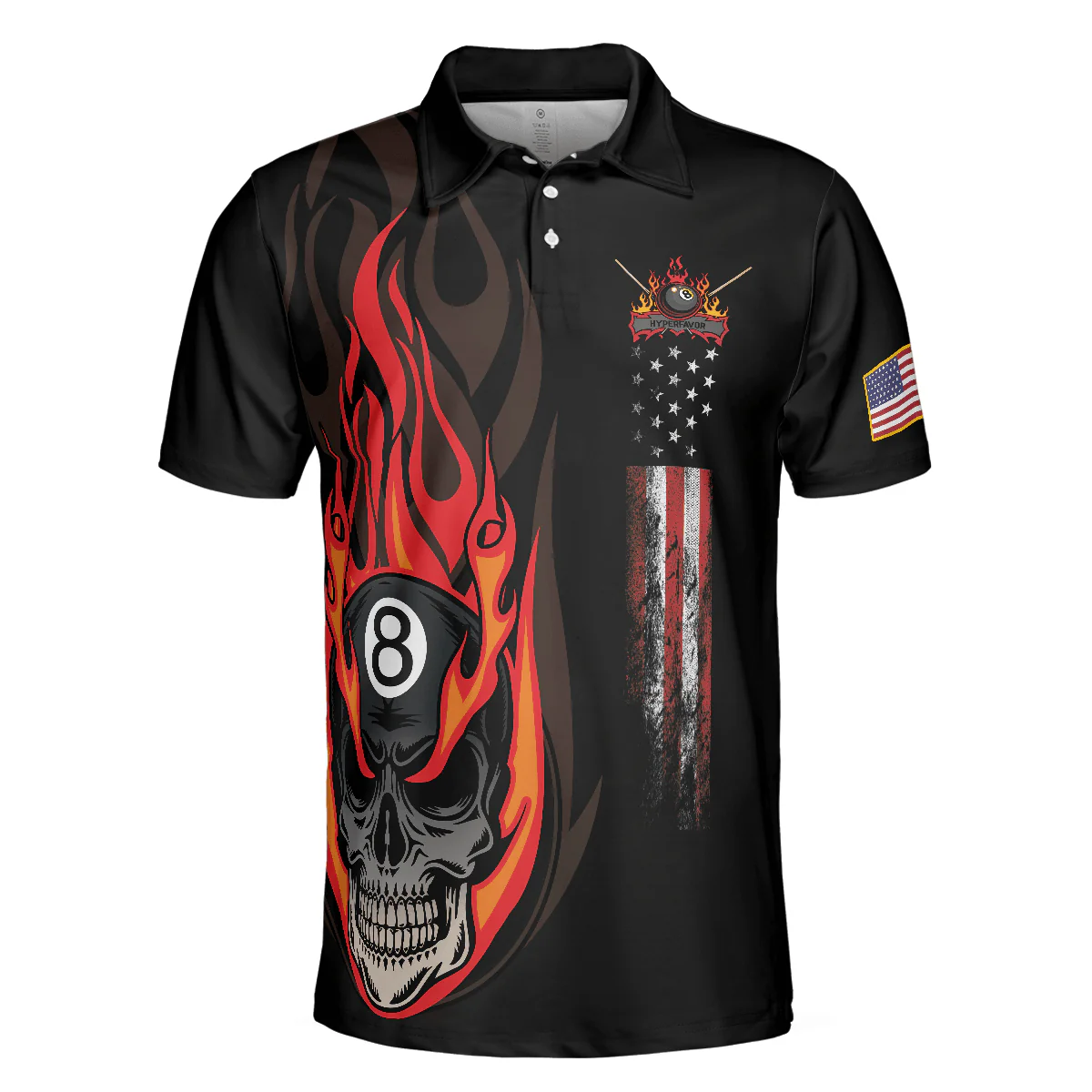 Flame Skull Billiards Pool Men Polo Shirt, American Flag Billiards Polo Shirt, Gift For Pool Players, Billiards Lovers - Image 3