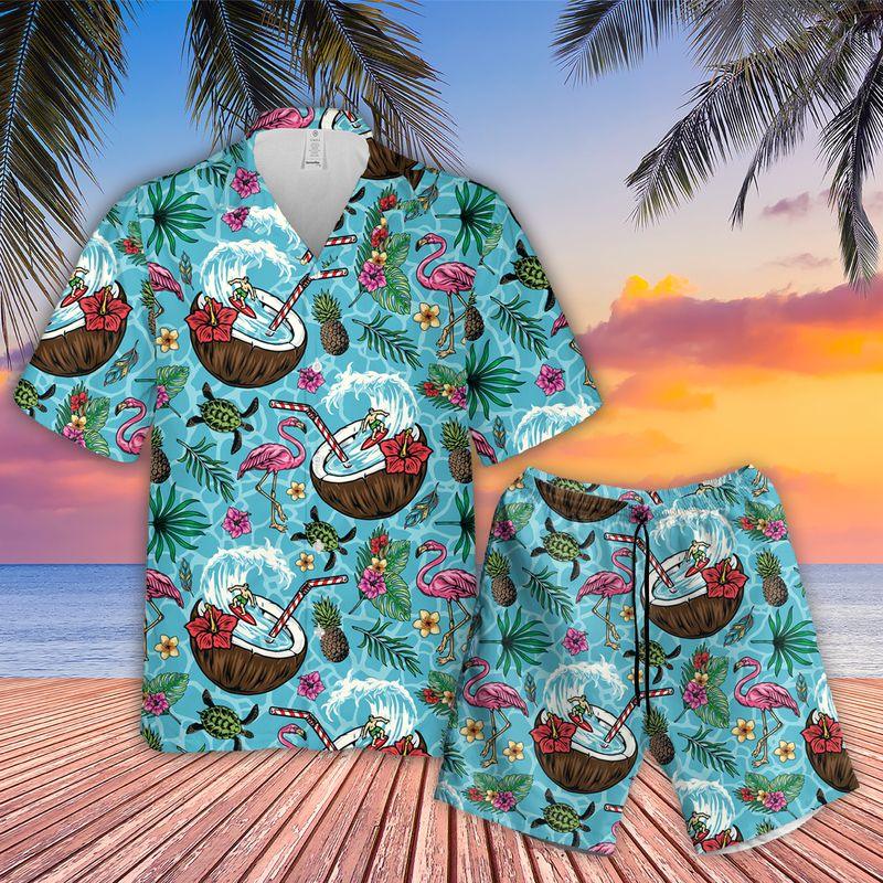 Flamingo Aloha Hawaiian Shirts For Summer, Flower Leaves Pattern Coconut Cocktail Hawaiian Set Outfit For Men Women, Gift For Friend, Team, Family