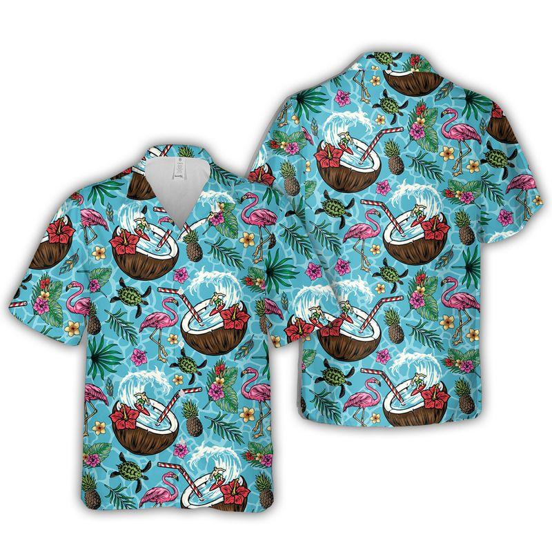 Flamingo Aloha Hawaiian Shirts For Summer, Flower Leaves Pattern Coconut Cocktail Hawaiian Set Outfit For Men Women, Gift For Friend, Team, Family - Image 2