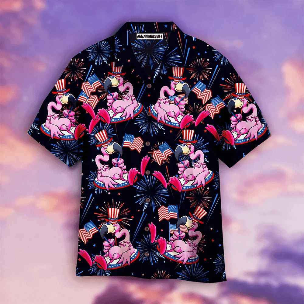 Flamingo American Flag Firework Pattern Aloha Hawaiian Shirts For Men Women, 4th Of July Gift For Summer, Friend, Family, Independence Day - Image 2