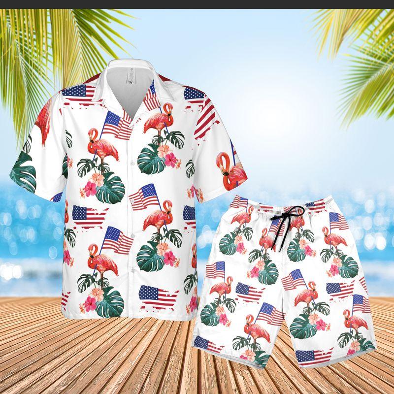 Flamingo American Flag Independence Day Aloha Hawaiian Shirts For Summer, Tropical Style Patriot Hawaiian Set Outfits For Men Women, Gift For Friend
