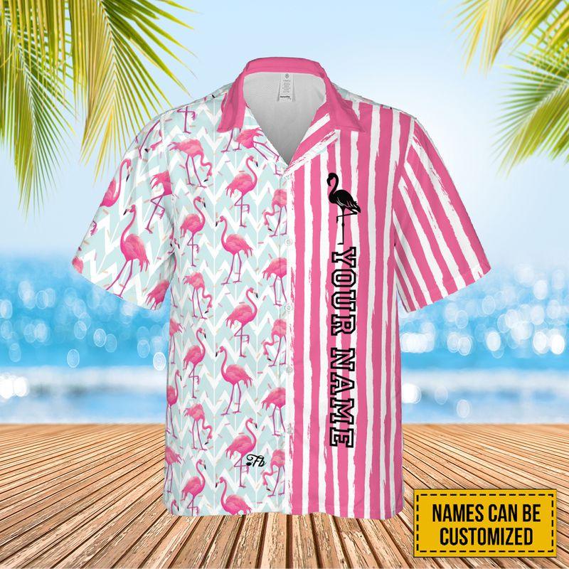 Flamingo Custom Name Aloha Hawaiian Shirts For Summer, Pink Plaid Personalized Hawaiian Set For Men Women, Gift For Friend, Family, Flamingo Lovers - Image 2