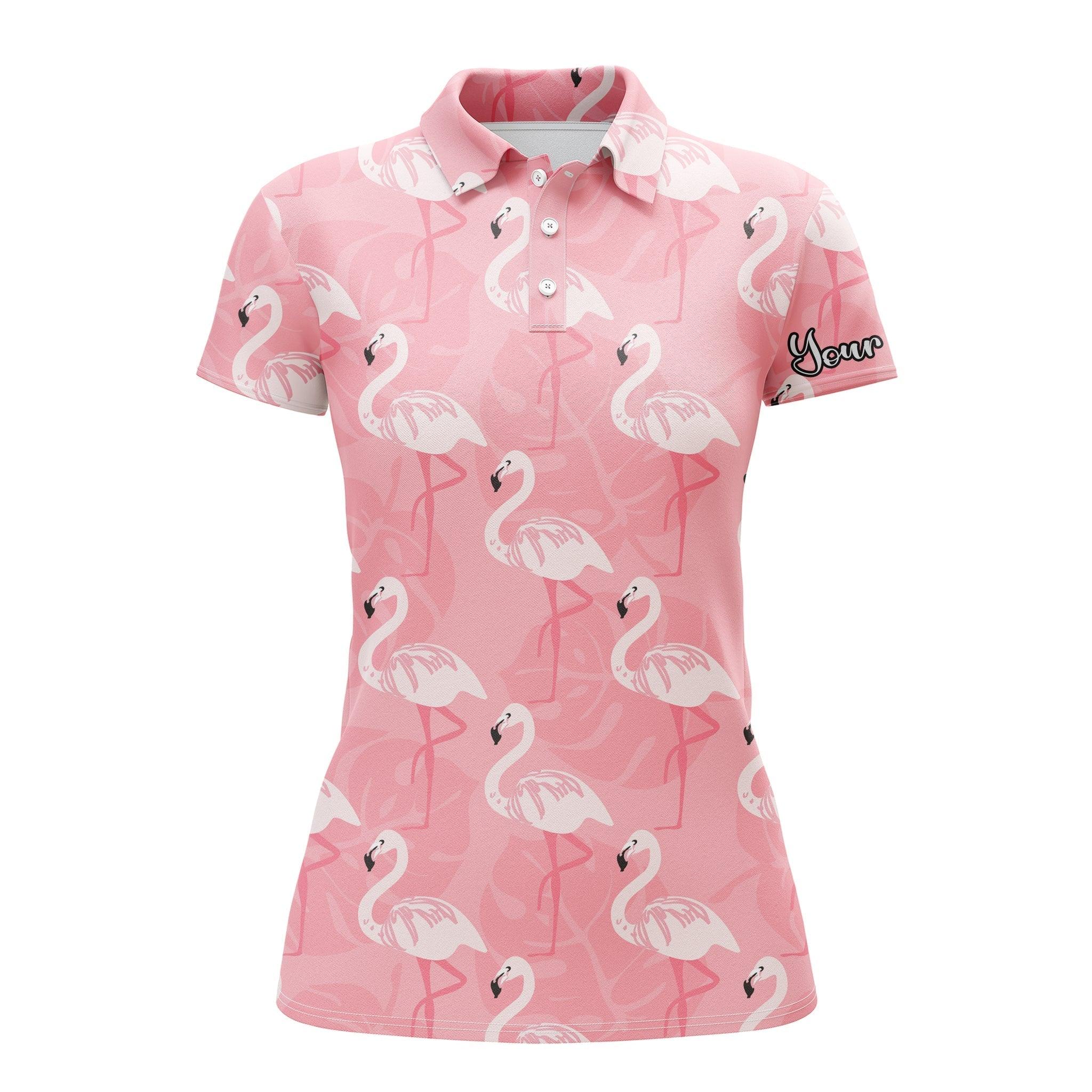 Flamingo Custom Name Women Polo Shirt, Pink Flamingo Pattern Personalized Women Polo Shirts, Perfect Gift For Ladies, Flamingo Lovers - Image 2