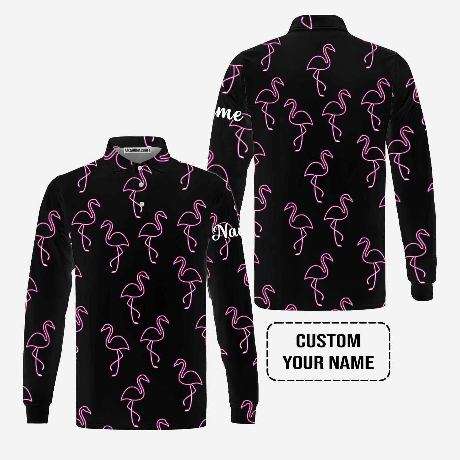 Flamingo Golf Long Sleeve Shirt - Custom Name Neon Pink Flamingos Pattern Apparel - Personalized Gift For Golf Lover, Team, Husband, Boyfriend, Men - Image 10