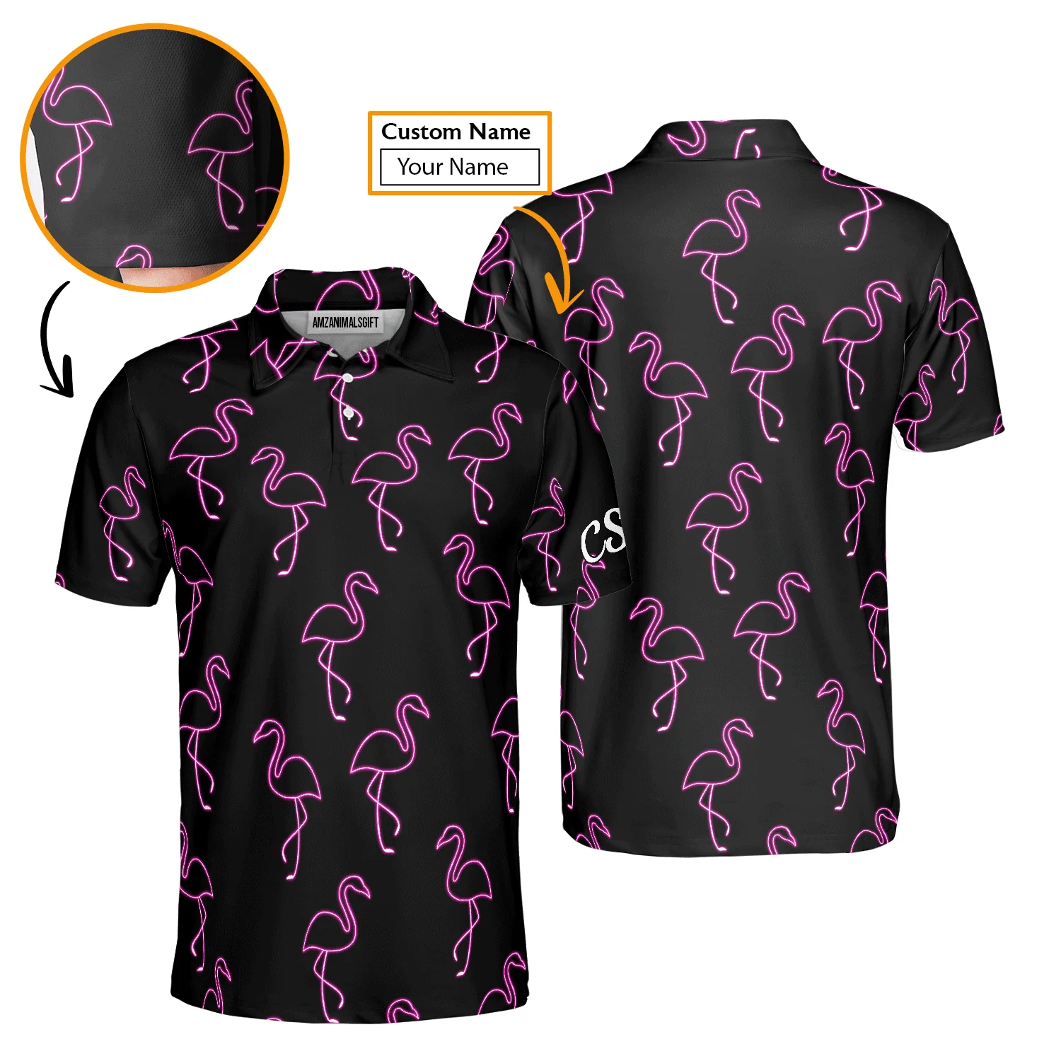 Flamingo Golf Men Polo Shirt - Custom Name Neon Pink Flamingos Pattern Apparel - Personalized Gift For Golf Lover, Team, Husband, Boyfriend, Men
