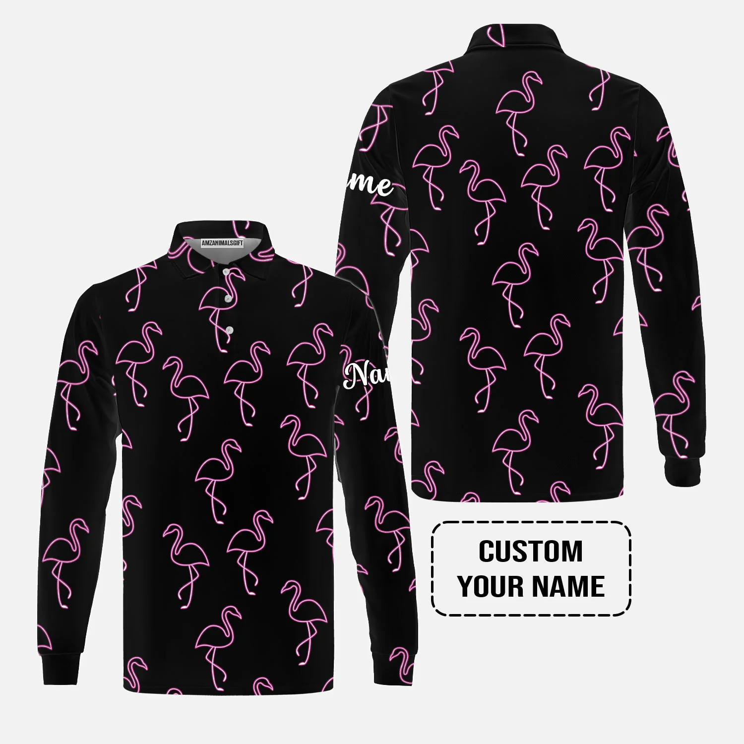 Flamingo Golf Men Polo Shirt - Custom Name Neon Pink Flamingos Pattern Apparel - Personalized Gift For Golf Lover, Team, Husband, Boyfriend, Men - Image 10
