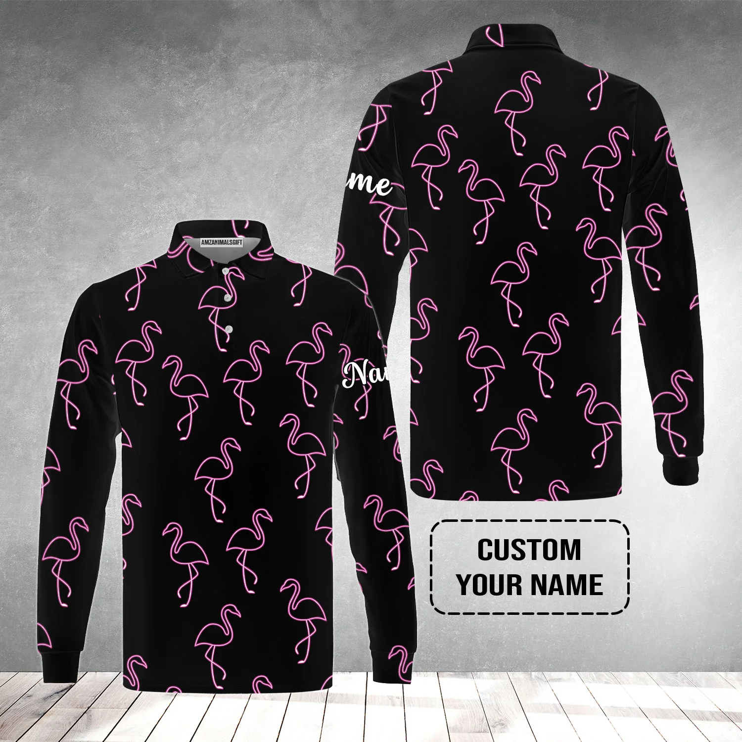 Flamingo Golf Men Polo Shirt - Custom Name Neon Pink Flamingos Pattern Apparel - Personalized Gift For Golf Lover, Team, Husband, Boyfriend, Men - Image 11