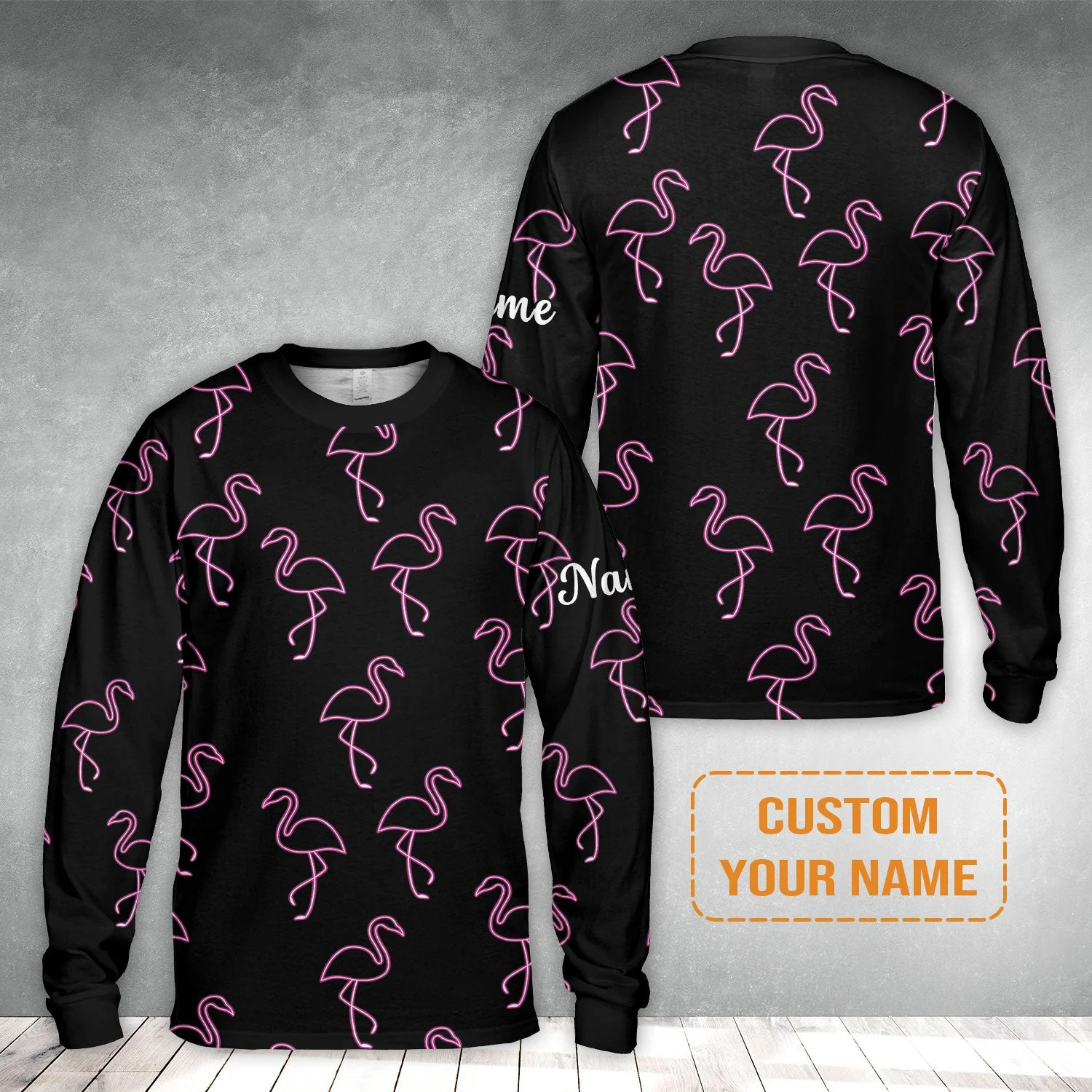 Flamingo Golf Men's Long Sleeve Polo Shirt - Custom Name Neon Pink Flamingos Pattern Apparel - Personalized Gift For Golf Lover, Team, Husband, Boyfriend, Men - Image 10