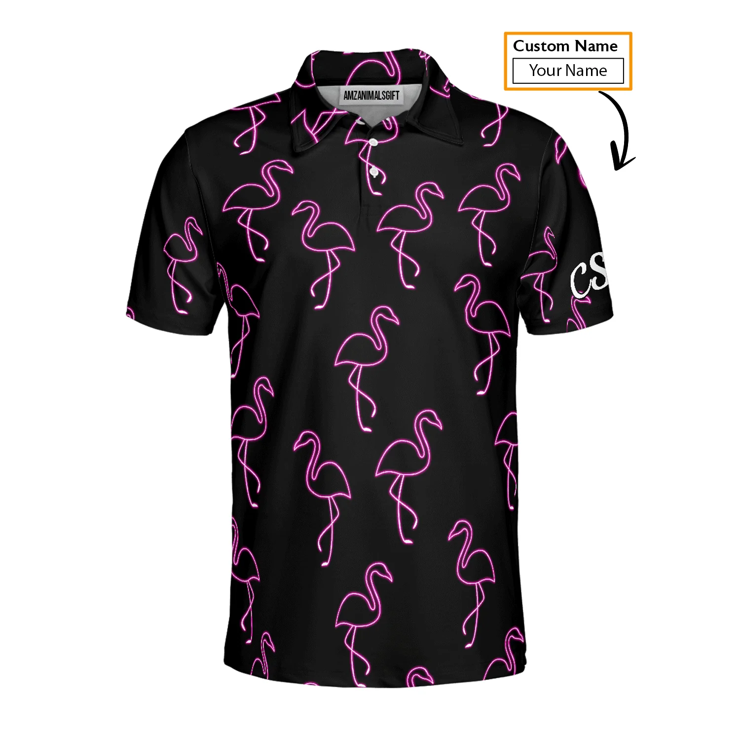 Flamingo Golf Men's Long Sleeve Polo Shirt - Custom Name Neon Pink Flamingos Pattern Apparel - Personalized Gift For Golf Lover, Team, Husband, Boyfriend, Men - Image 4
