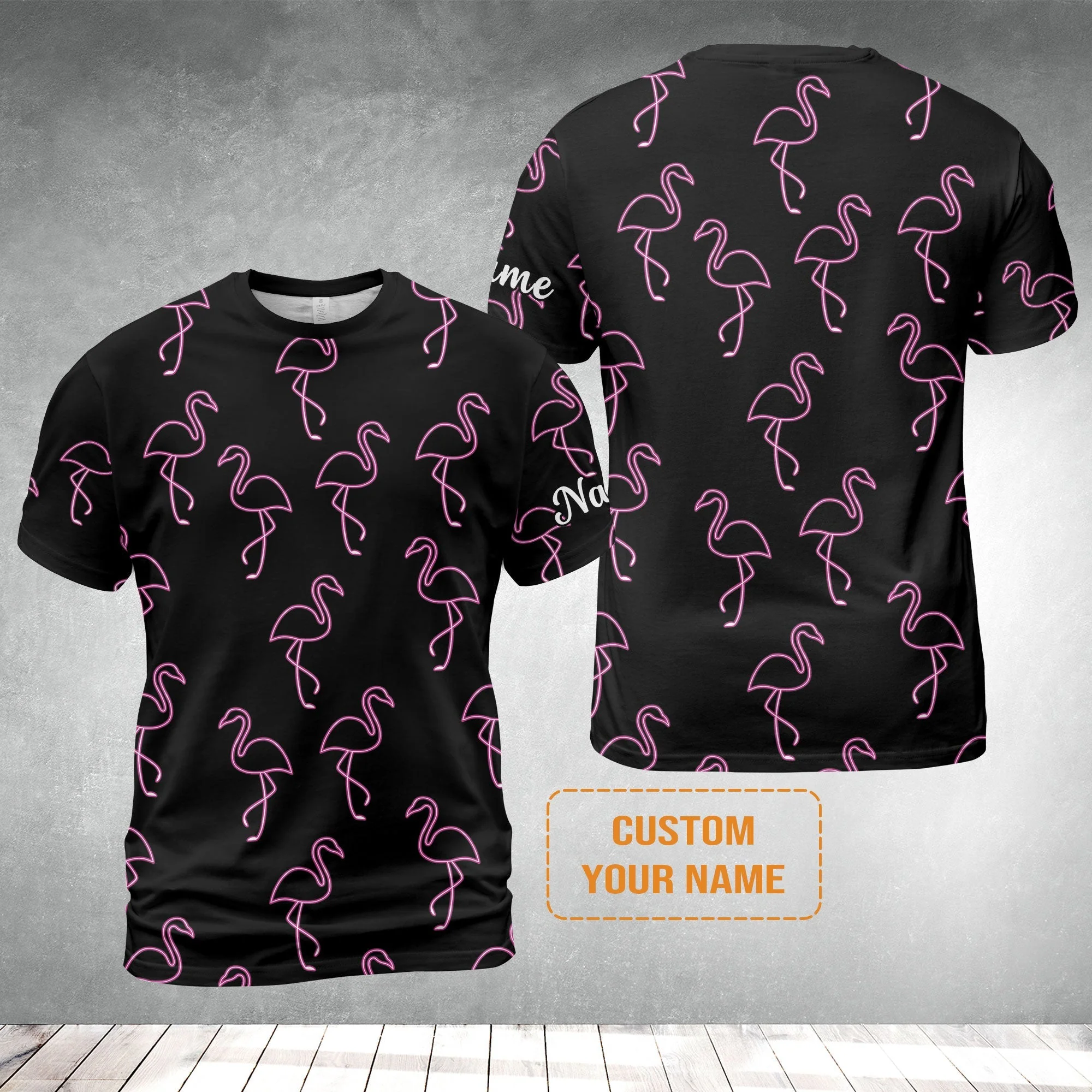 Flamingo Golf T-Shirt - Custom Name Neon Pink Flamingos Pattern Apparel T-Shirt - Personalized Gift For Golf Lover, Team, Husband, Boyfriend, Men - Image 2